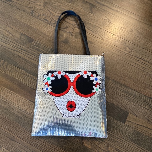 Handbags - Sequin Pop Art Tote Sunglasses Black Faux Leather Vegan Silver EUC